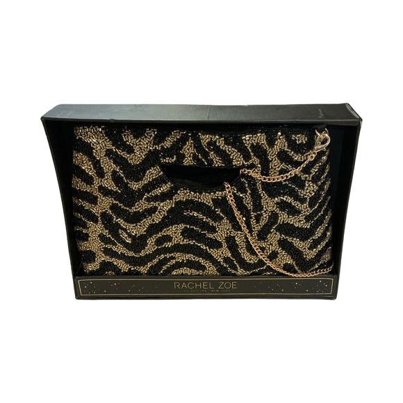 Rachel Zoe Handbags - Rachel Zoe Beaded Cut-Out Handle Clutch Removable Chain Black Gold Animal Print